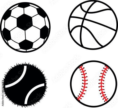 Sports ball vector icon set featuring soccer, basketball, tennis, and baseball symbols in clean flat style for athletic design and recreation concepts