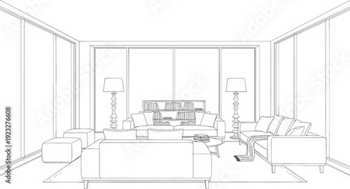 Architectural line drawing of a contemporary great room with multiple sofas ornate lamps and glass walls