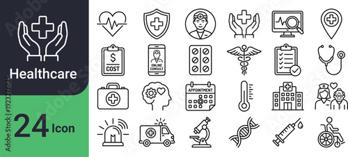 Collection of 24 healthcare and medical related line icons