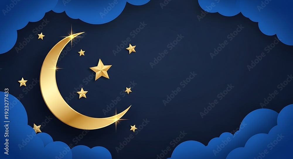 Fototapeta premium Golden crescent moon and stars on dark blue background with clouds.