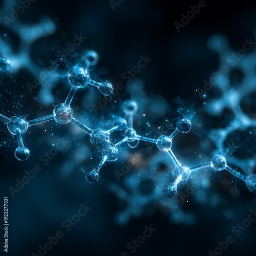 Floating molecular formula cloud as holographic visualization for medicinal chemistry, neon blue glow.