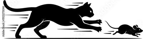 A swift black cat in silhouette chasing a small mouse with motion blur lines indicating speed and movement
