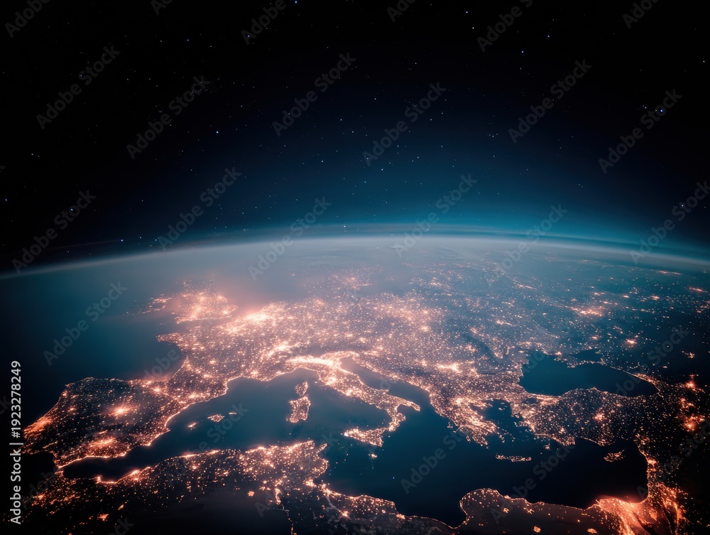 Fototapeta premium Satellite View of Earth at Night Showing Glowing City Lights Across Europe and Middle East for Global Logistics and International Business Background With Copy Space