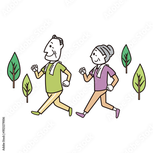 老夫婦が屋外でランニングをしている