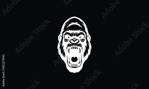 Aggressive Roaring Gorilla Head Vector Illustration, Minimalist Primate Mascot on Black