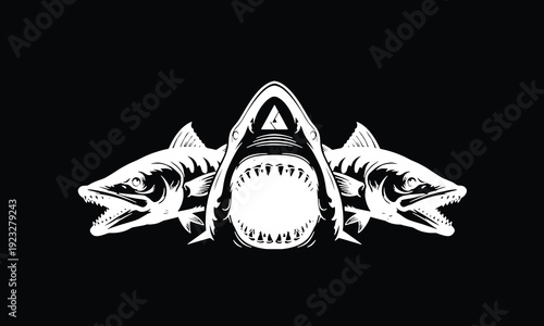 Fierce Shark and Barracuda Trio Vector Logo, Marine Predator Aggressive Fish Emblem Design