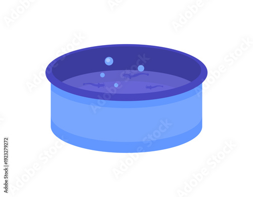 Illustration of a blue circular pond. Mini catfish pond. Fish farming site. Animals, fish, and food. Flat design. White background.