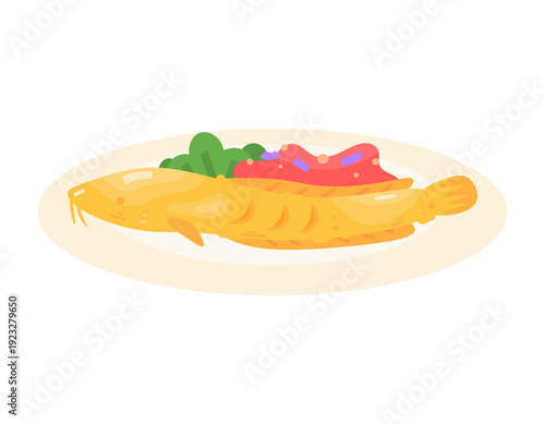 Illustration of fried catfish on a plate with vegetables and chili sauce. Marinated catfish. Golden brown fried catfish. Animals, fish, and food. Flat design. White background.