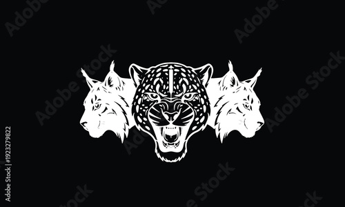 Roaring Jaguar and Lynx Trio Vector Logo, Wild Cat Predator Emblem, Feline Mascot Design