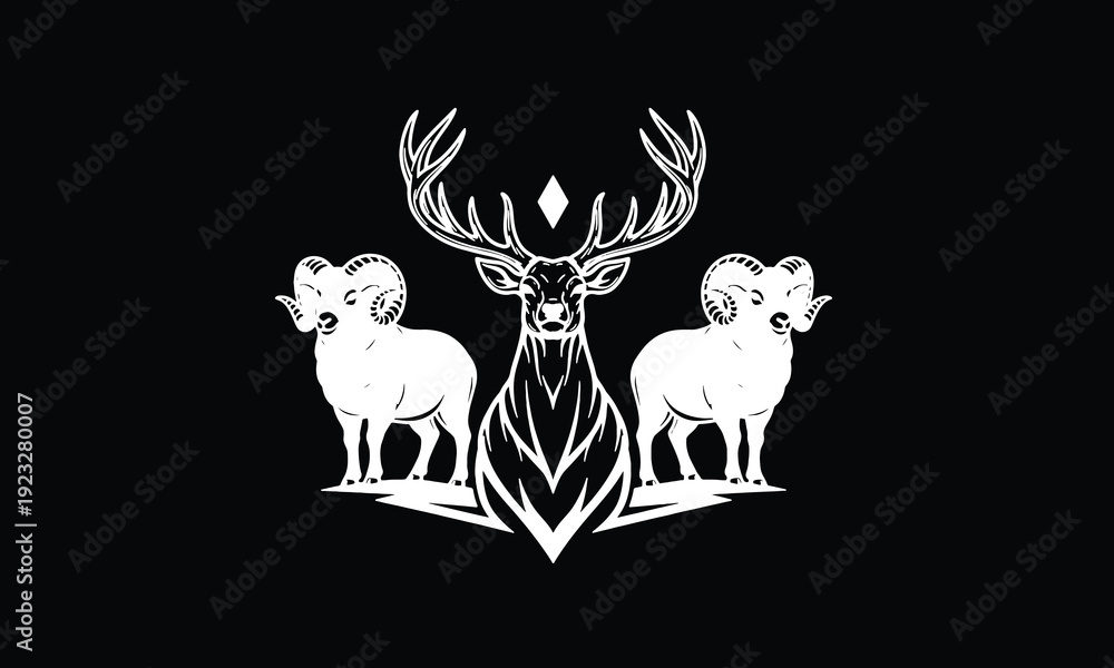 Obraz premium Majestic Deer Stag and Ram Trio Vector Logo, Forest Animal Heraldic Emblem Mascot Design