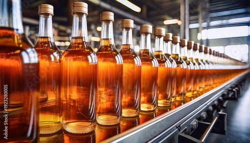 Bottles Of Amber Liquid Lined Up On A Production Line In A Distillery During The Day