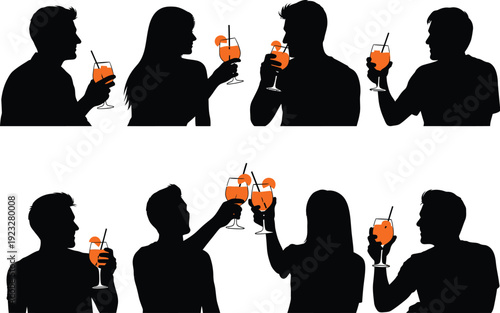 Multiple silhouettes of individuals and couples toasting with orange cocktails, conveying enjoyment and social interaction.