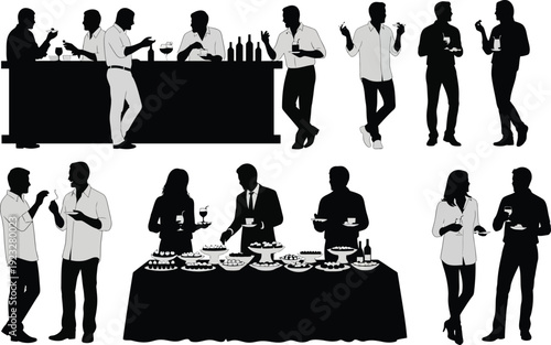 Silhouettes of people socializing and enjoying appetizers and drinks at a sophisticated cocktail party or event.