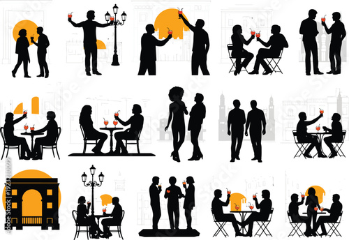 Silhouettes of people enjoying cocktails and conversations at outdoor cafes and bars in European-style cityscapes.