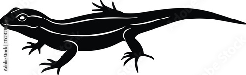 Lizard silhouette, black vector illustration of reptile with extended tail and splayed toes, stylized wildlife design for logo, artwork