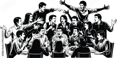 Excited Group Conversation: Silhouette illustration of people animatedly talking and gesturing during a meal.