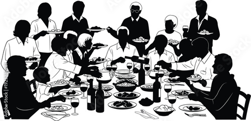 Silhouette of a large family or group of friends enjoying a festive meal together around a long table, vector illustration