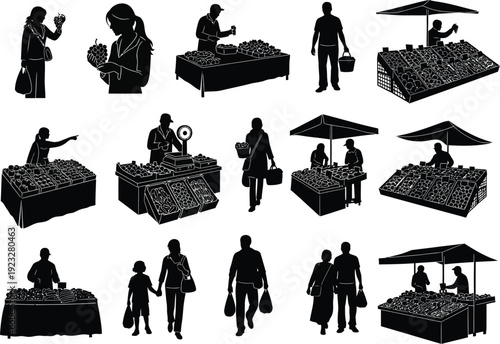 Black and white illustration depicting a bustling farmers market scene with vendors selling produce, shoppers with baskets, and families