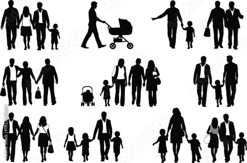 Silhouettes of families walking and holding hands, including parents with children and strollers, symbolizing togetherness and domestic life