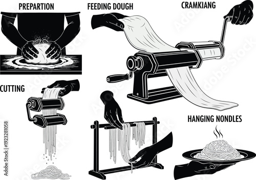Detailed illustration of homemade pasta making process, from kneading dough and feeding it into a machine to cutting and hanging noodles.