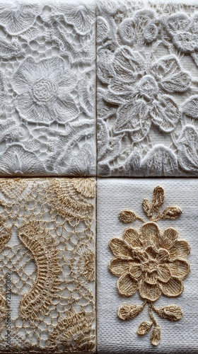 Continuous four-sided close-up of white lace fabric, delicate patterns and intricate textures, minimalistic textile concept, elegant and detailed surface, soft and clean design composition.