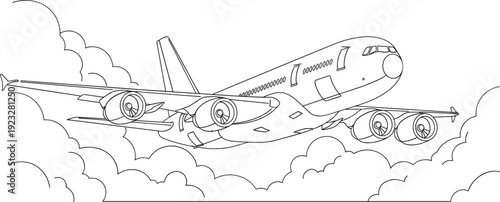Continuous one line drawing of a commercial airplane flying through clouds for travel and aviation concept