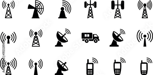 Wireless communication and signal transmission icon set featuring antennas, radio towers, satellite dishes, mobile phones, and broadcasting symbols for network and technology designs