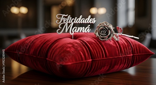 A luxurious red velvet pillow with a rose lies on a wooden table indoors.