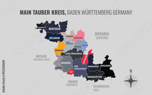 A map showing Main Tauber Kreis BW Kreise into Gemeinden in a minimalist colorful style