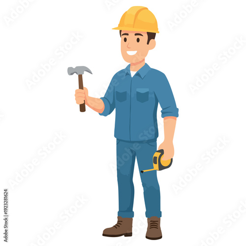 Construction Worker Hammer Illustration, Builder Engineer Character Vector, Handyman Repairman Cartoon Clipart, Blue Uniform Worker Design, Industrial Labour Graphic Art, Maintenance Technician Pack, 