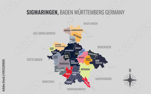 A map showing Sigmaringen BW Kreise into Gemeinden in a minimalist colorful style