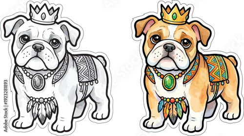 cute Dog illustration, sticker print, color, black and white, coloring page.