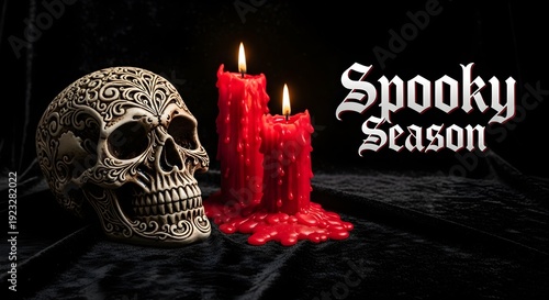 A skull sits beside melting red candles on a dark table.