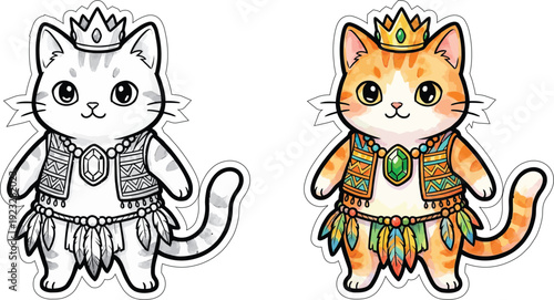 cute cat illustration, sticker print, color, black and white, coloring page.