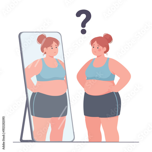 Woman Body Image Mirror Illustration, Self Perception Confidence Vector, Plus Size Female Character Clipart, Body Positivity Awareness Graphic, Mental Health Self Love Design, Mirror Reflection Cartoo