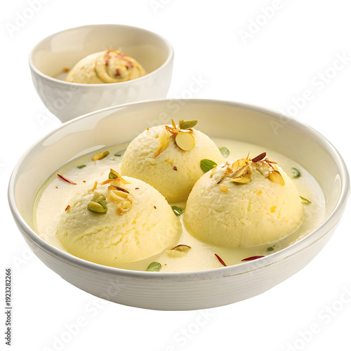 Traditional Indian Rasmalai dessert served in a bowl, featuring soft cheese dumplings in sweet, creamy milk, garnished with nuts and mint.