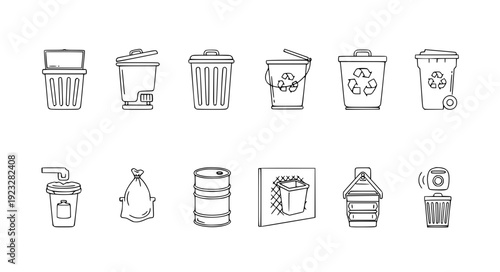 Modern Monoline Trash Can Icons Set with Pedal Bins Kitchen Recycling Outdoor and Hazardous Waste Outline Vector EPS10