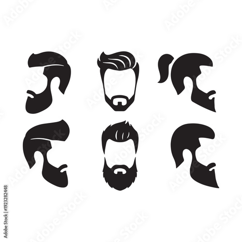 Beard Hairstyle Man Silhouette Set, Male Grooming Style Vector Art, Facial Hair Design Clipart, Barber Shop Character Graphic, Mustache Beard Variation Pack, Men Face Shape Collection, Gentleman Look 