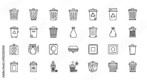 Trash Can Thin Line Icon Collection with Pedal Bins Recycling Dumpster and Office Kitchen Garbage Outline Vector