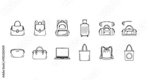 Modern Monoline Bag Icons Collection with Handbags Backpacks Suitcases Totes and Travel Accessories Outline Vector EPS10