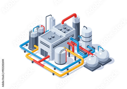 Industrial facility illustration with pipes and tanks viewed from above in an isometric perspective