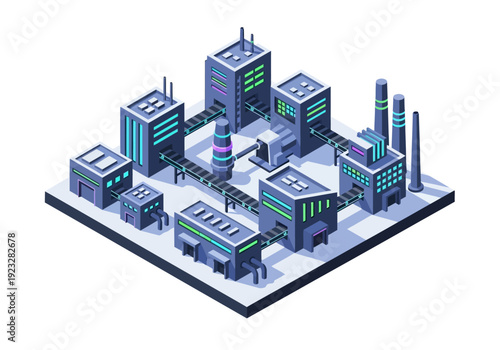 Isometric illustration of an industrial complex with factories and smokestacks viewed from above, showcasing a futuristic manufacturing facility
