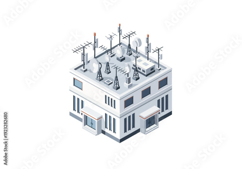 Isometric View of a Modern Telecom Building with Various Antennae and Satellite Dishes Installed on the Roof