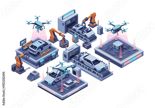 Industrial automation scene with robotic arms, drones, and machinery in a futuristic factory setting viewed from above