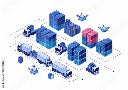 Logistics and transportation hub with trucks, drones, and containers in an industrial setting viewed from above.