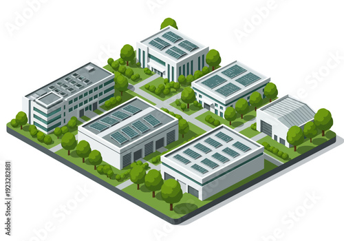 Isometric view of a modern industrial complex with buildings, solar panels, and lush greenery surrounding the facilities.