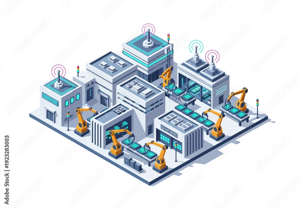 Fototapeta premium Isometric illustration of an industrial factory floor with robotic machinery and automated production lines in a futuristic setting from an overhead viewpoint