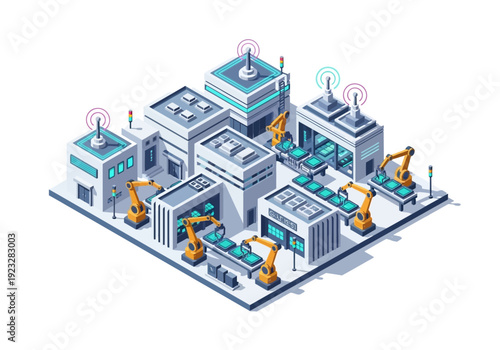 Isometric illustration of an industrial factory floor with robotic machinery and automated production lines in a futuristic setting from an overhead viewpoint