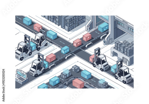 Industrial warehouse scene with forklifts and trucks transporting containers from an aerial viewpoint