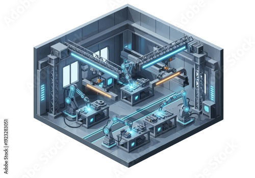 Isometric View of Industrial Facility with Robotics and Machinery in Operation